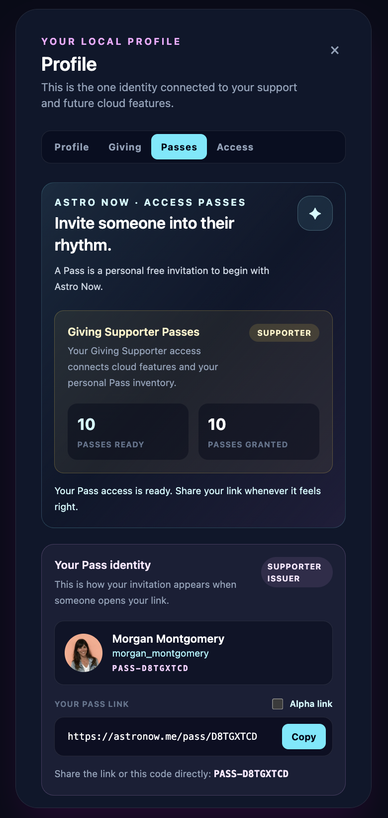 Astro Now Passes screen showing a Giving Supporter with ten Access Passes ready to share